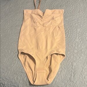 Beige One-Piece Shapewear. Removable strap for one shoulder or strapless look